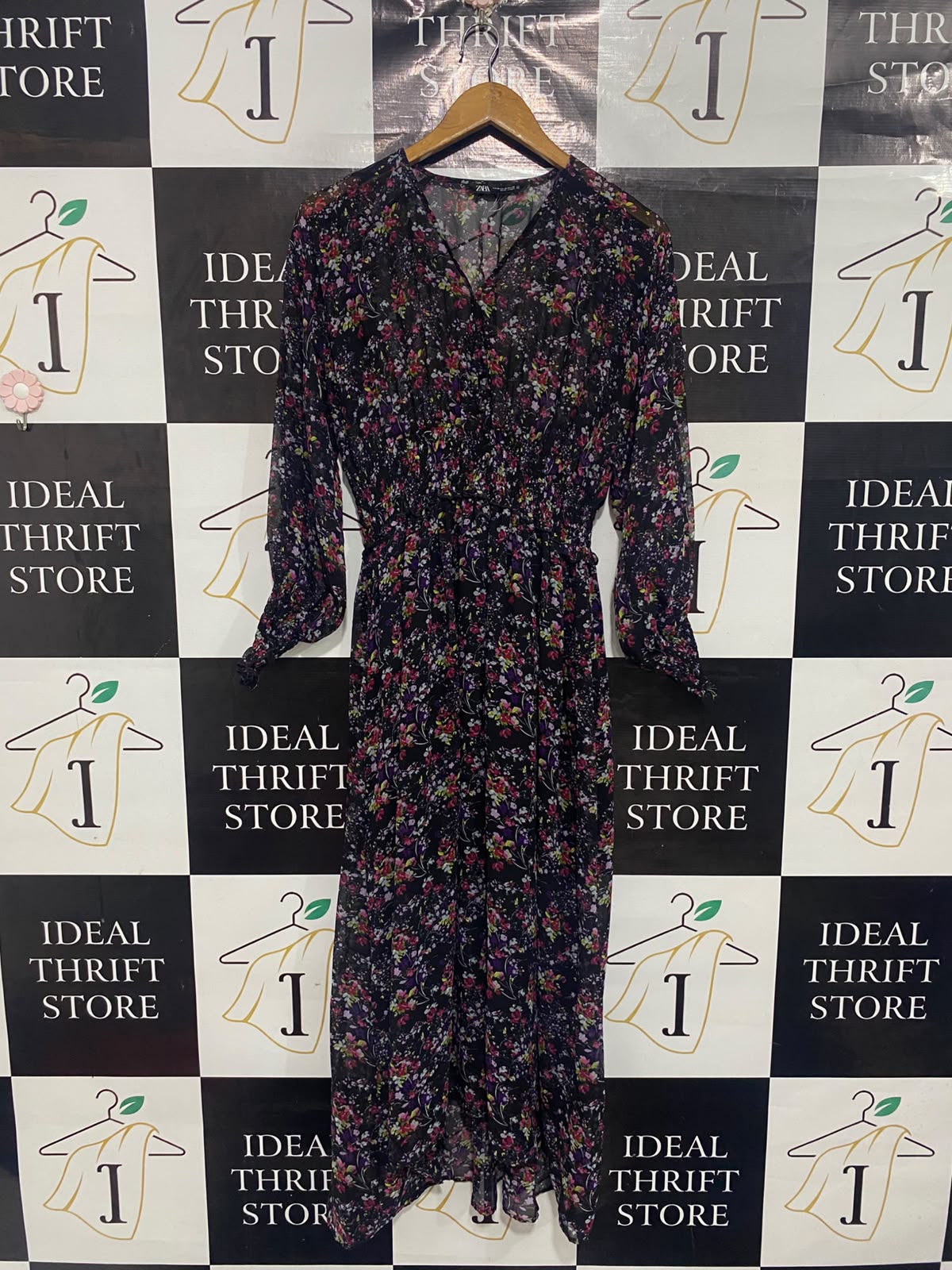 ZARA |M| BUST 16| A67| BLACK & MULTICOLOR FLORAL MIDI DRESS