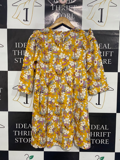 NEXT |M| BUST 18| A67| MUSTARD & WHITE FLORAL RUFFLE-SHOULDER TIERED DRESS
