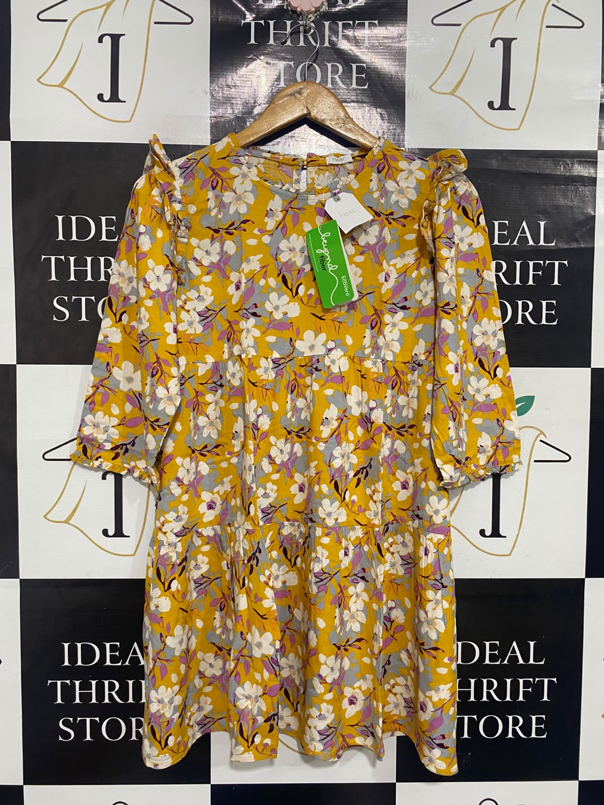 NEXT |M| BUST 18| A67| MUSTARD & WHITE FLORAL RUFFLE-SHOULDER TIERED DRESS