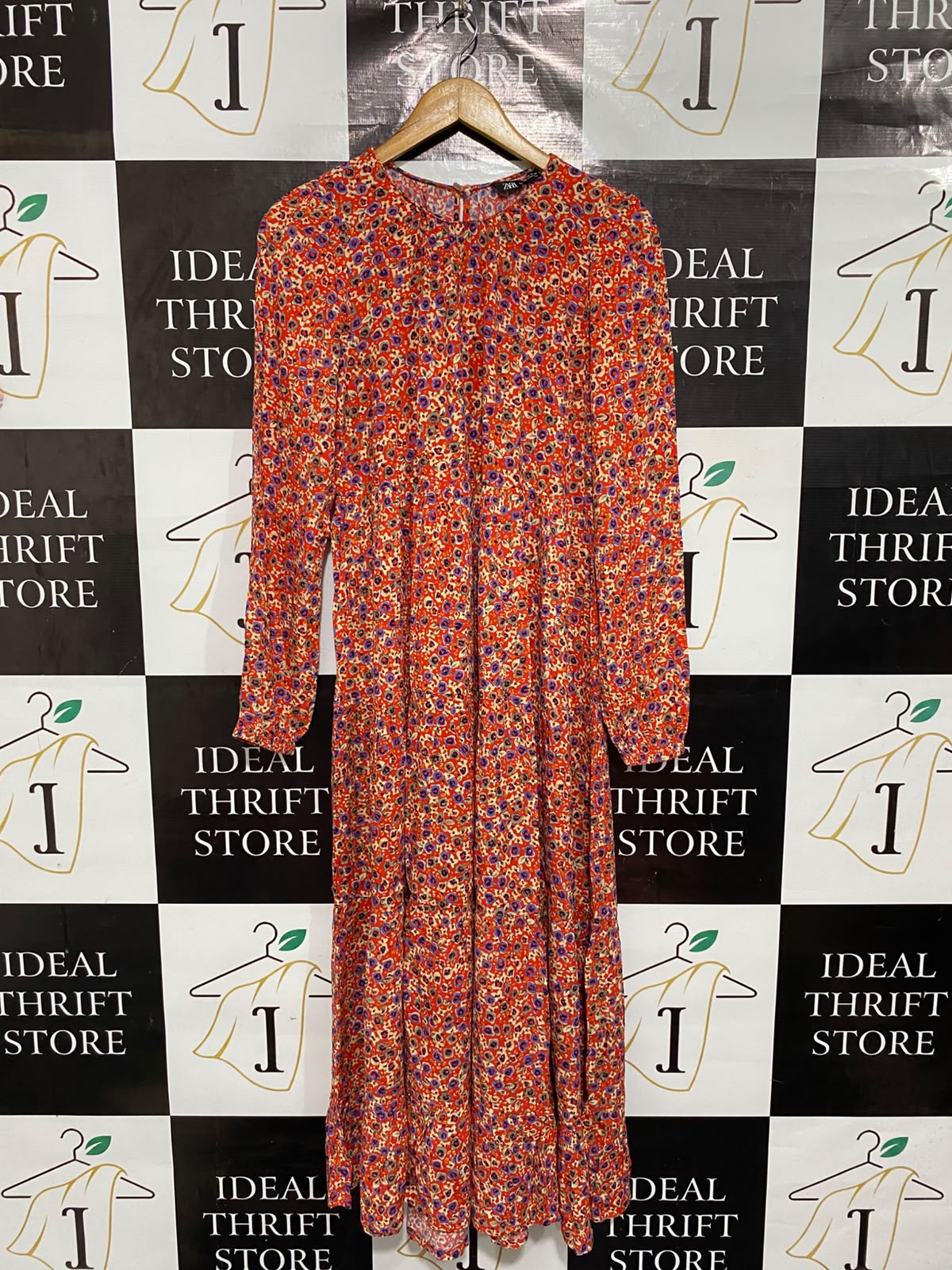 ZARA |XS| BUST 17| A67| RED AUR MULTICOLOR FLORAL MIDI DRESS