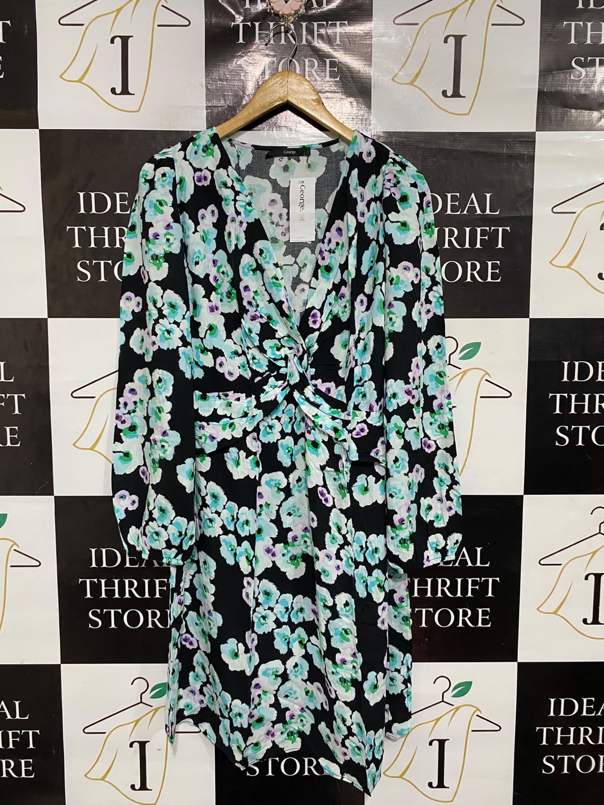 GEORGE |M| BUST 19| A67| BLACK AUR MINT FLORAL TWIST-FRONT DRESS
