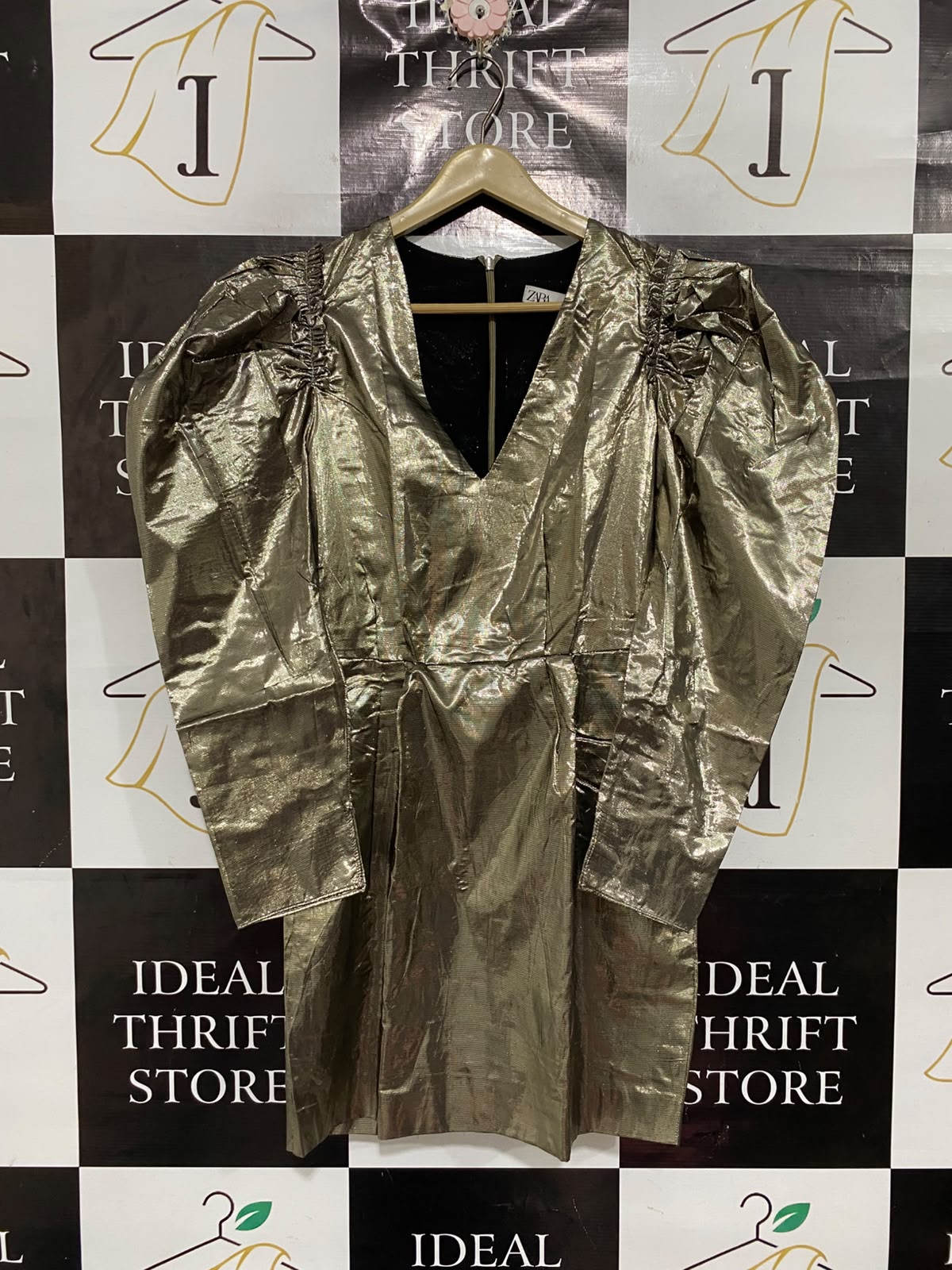 ZARA |XS| BUST 16| A67| METALLIC GOLD PUFF-SLEEVE MINI DRESS
