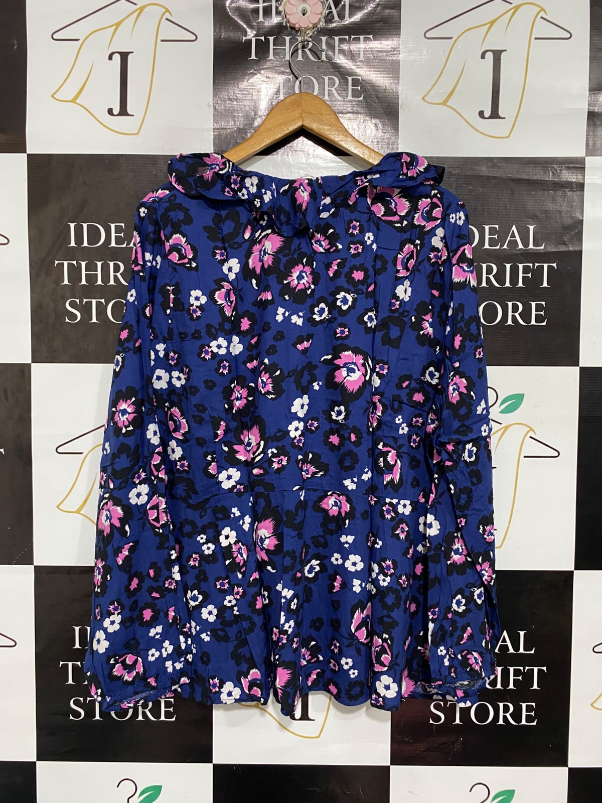 CAPSULE |L| BUST 23| A67| ROYAL BLUE AUR PINK FLORAL RUFFLE COLLAR BLOUSE