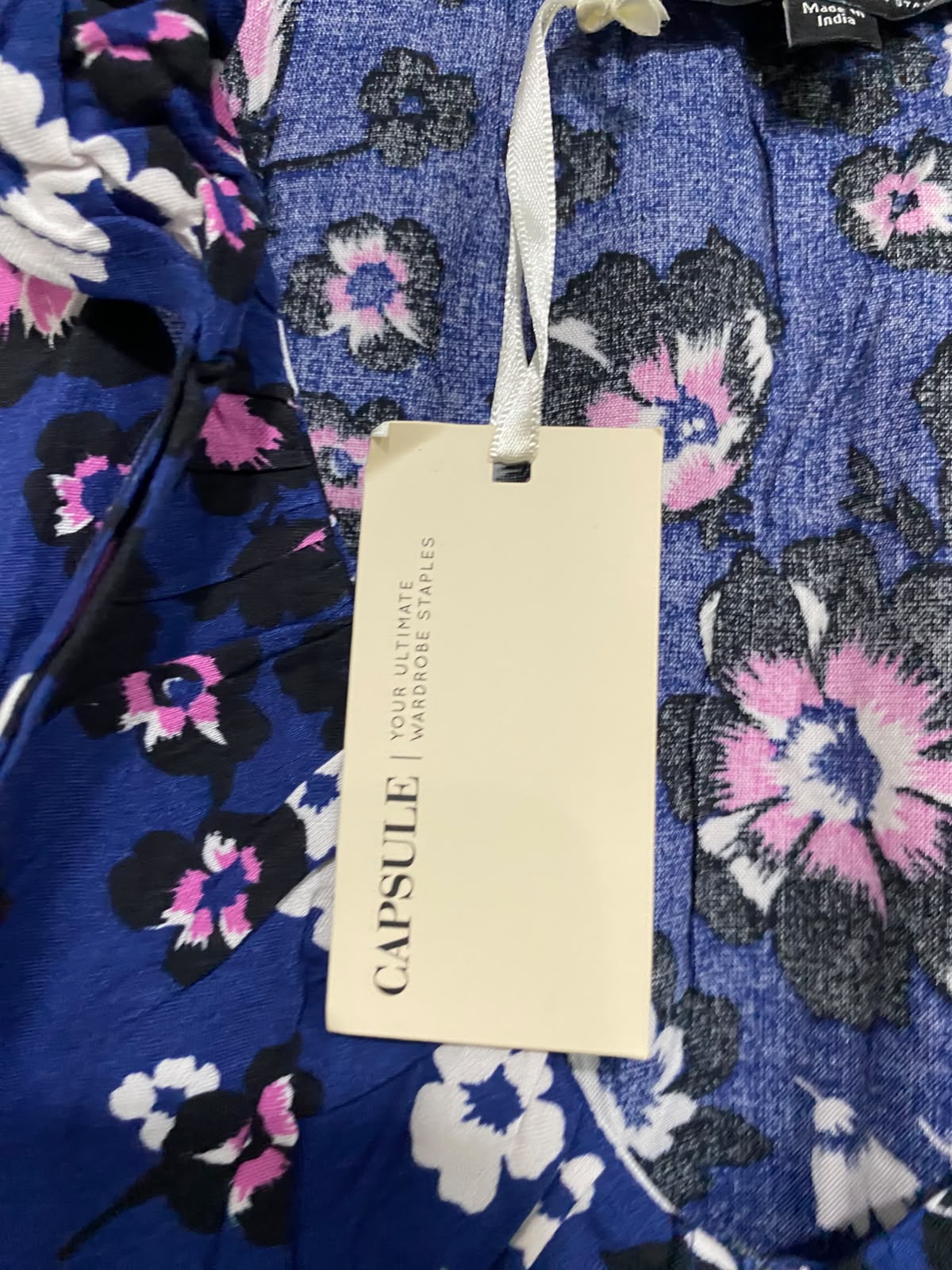 CAPSULE |L| BUST 23| A67| ROYAL BLUE AUR PINK FLORAL RUFFLE COLLAR BLOUSE