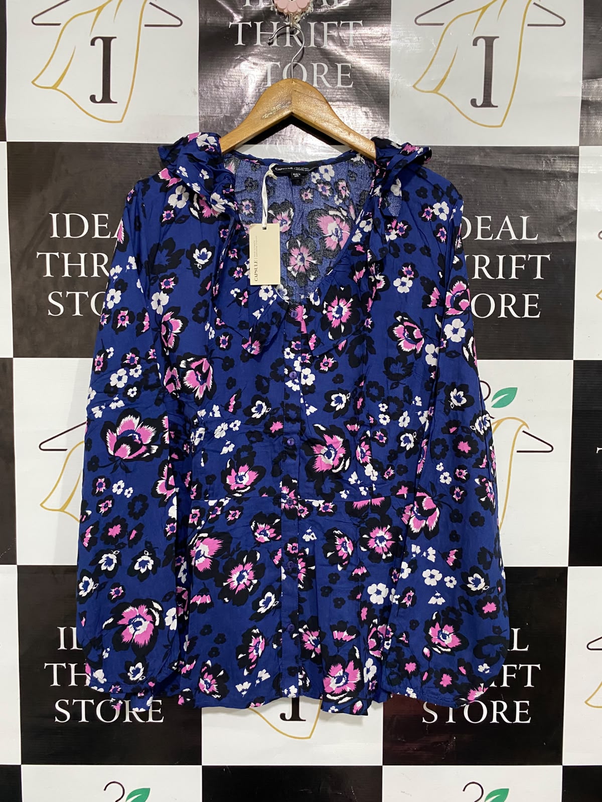 CAPSULE |L| BUST 23| A67| ROYAL BLUE AUR PINK FLORAL RUFFLE COLLAR BLOUSE