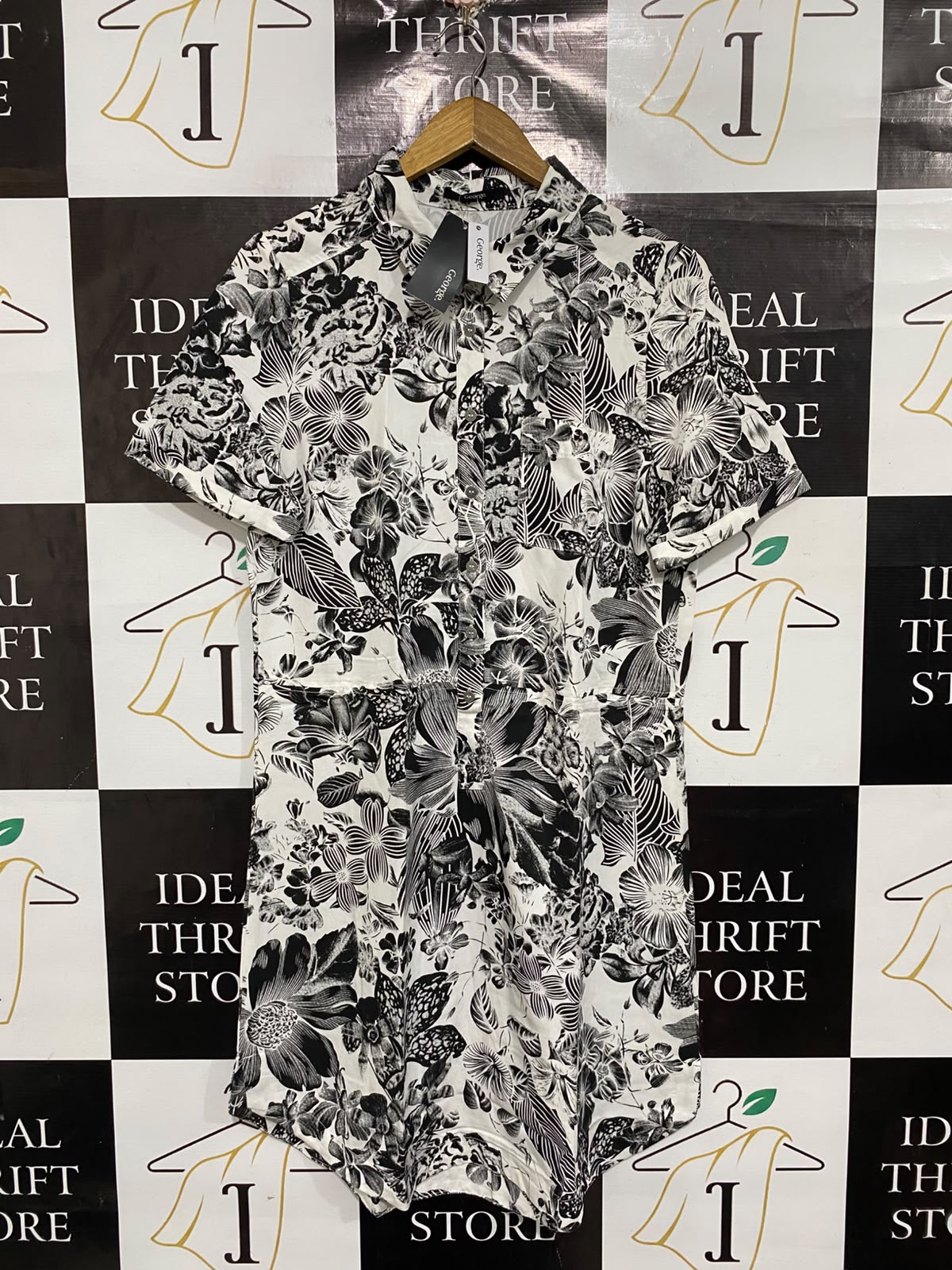 GEORGE |L| BUST 20| A67| BLACK AUR WHITE FLORAL PRINT BUTTON-DOWN SHIRT DRESS