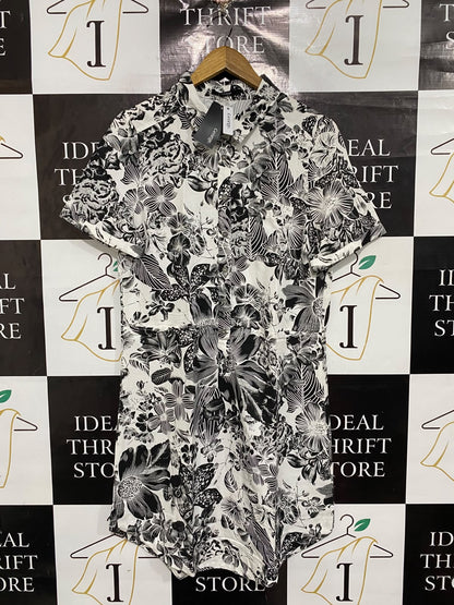 GEORGE |L| BUST 20| A67| BLACK AUR WHITE FLORAL PRINT BUTTON-DOWN SHIRT DRESS