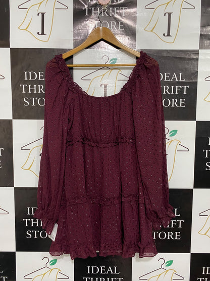 THIRTY THIRTY |M| BUST 17| A67| MAROON SWISS DOT RUFFLE MINI DRESS