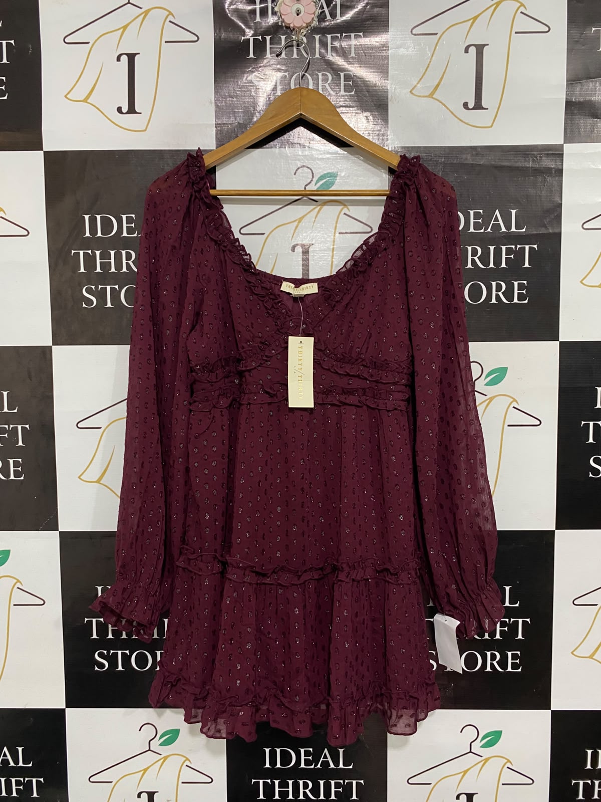 THIRTY THIRTY |M| BUST 17| A67| MAROON SWISS DOT RUFFLE MINI DRESS
