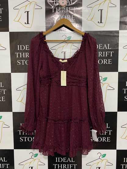 THIRTY THIRTY |M| BUST 17| A67| MAROON SWISS DOT RUFFLE MINI DRESS