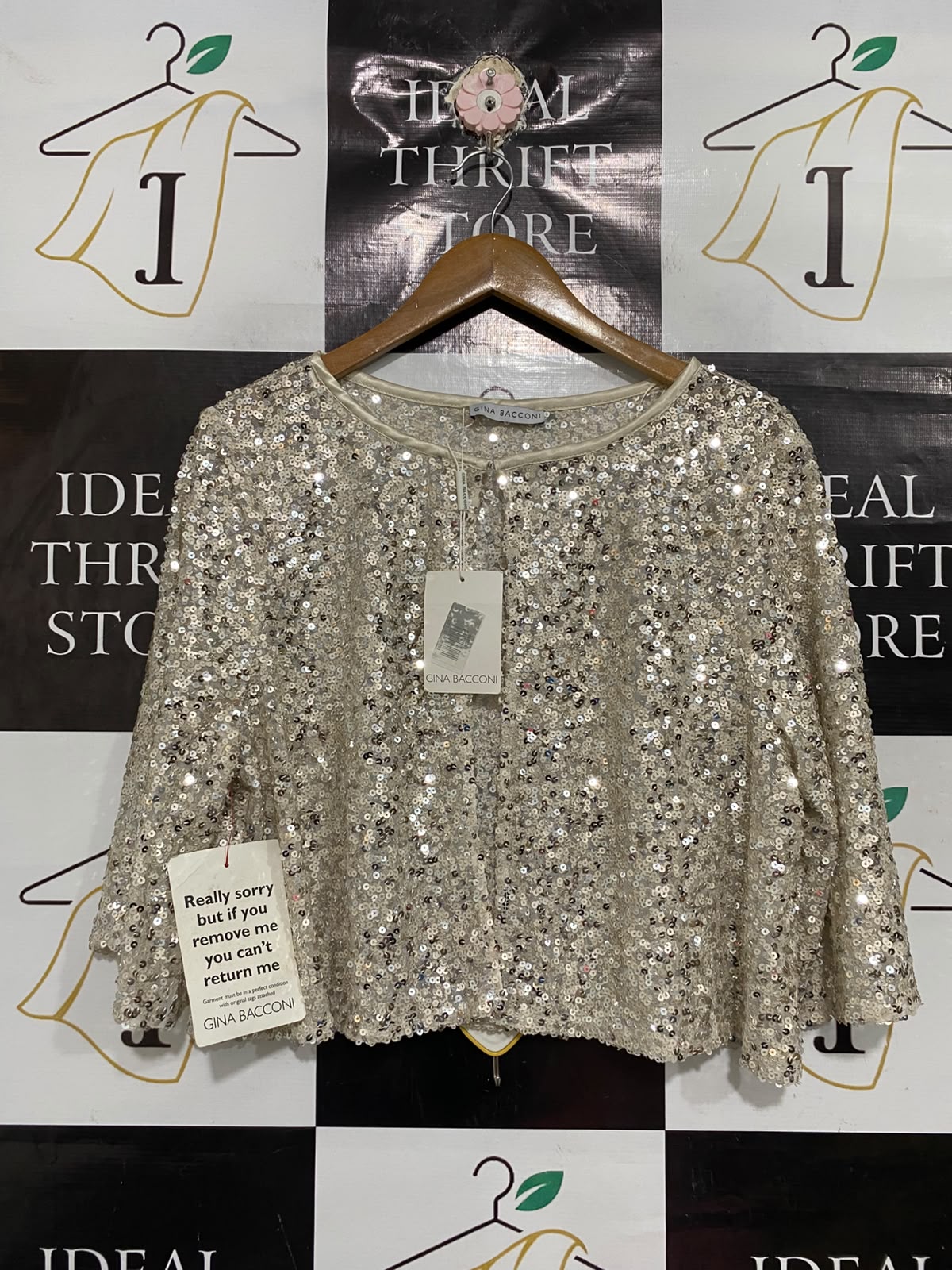 GINA BACCONI |M| BUST 24| A67| CHAMPAGNE GOLD SEQUIN OPEN-FRONT BOLERO SHRUG