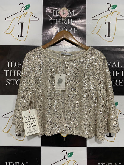 GINA BACCONI |M| BUST 24| A67| CHAMPAGNE GOLD SEQUIN OPEN-FRONT BOLERO SHRUG