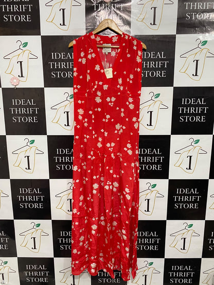 PRIM ROSE |L| BUST 18| A67|  RED FLORAL PRINT SLEEVELESS MAXI DRESS