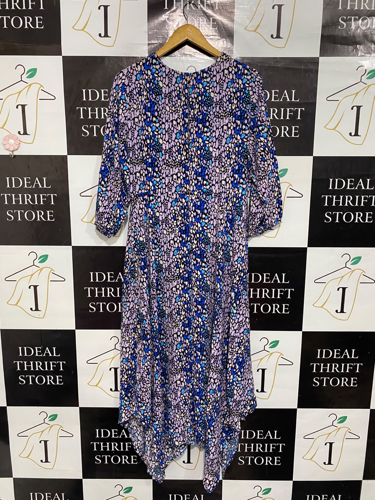 MARKS & SPENCER |L| BUST 20| A67| PURPLE & BLUE ABSTRACT PRINT ASYMMETRIC MIDI DRESS
