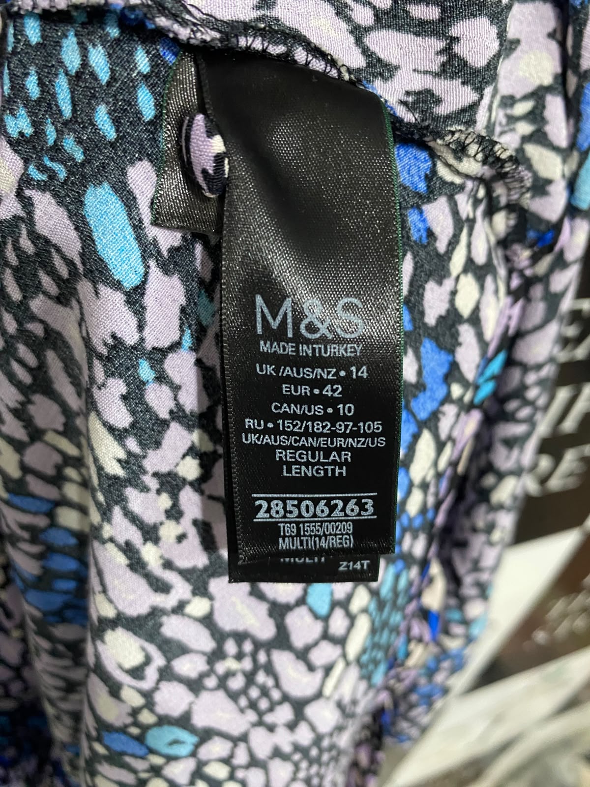MARKS & SPENCER |L| BUST 20| A67| PURPLE & BLUE ABSTRACT PRINT ASYMMETRIC MIDI DRESS
