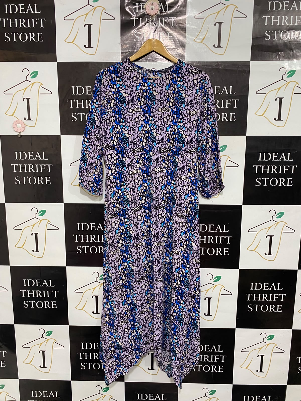 MARKS & SPENCER |L| BUST 20| A67| PURPLE & BLUE ABSTRACT PRINT ASYMMETRIC MIDI DRESS