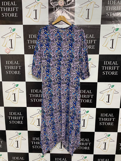 MARKS & SPENCER |L| BUST 20| A67| PURPLE & BLUE ABSTRACT PRINT ASYMMETRIC MIDI DRESS