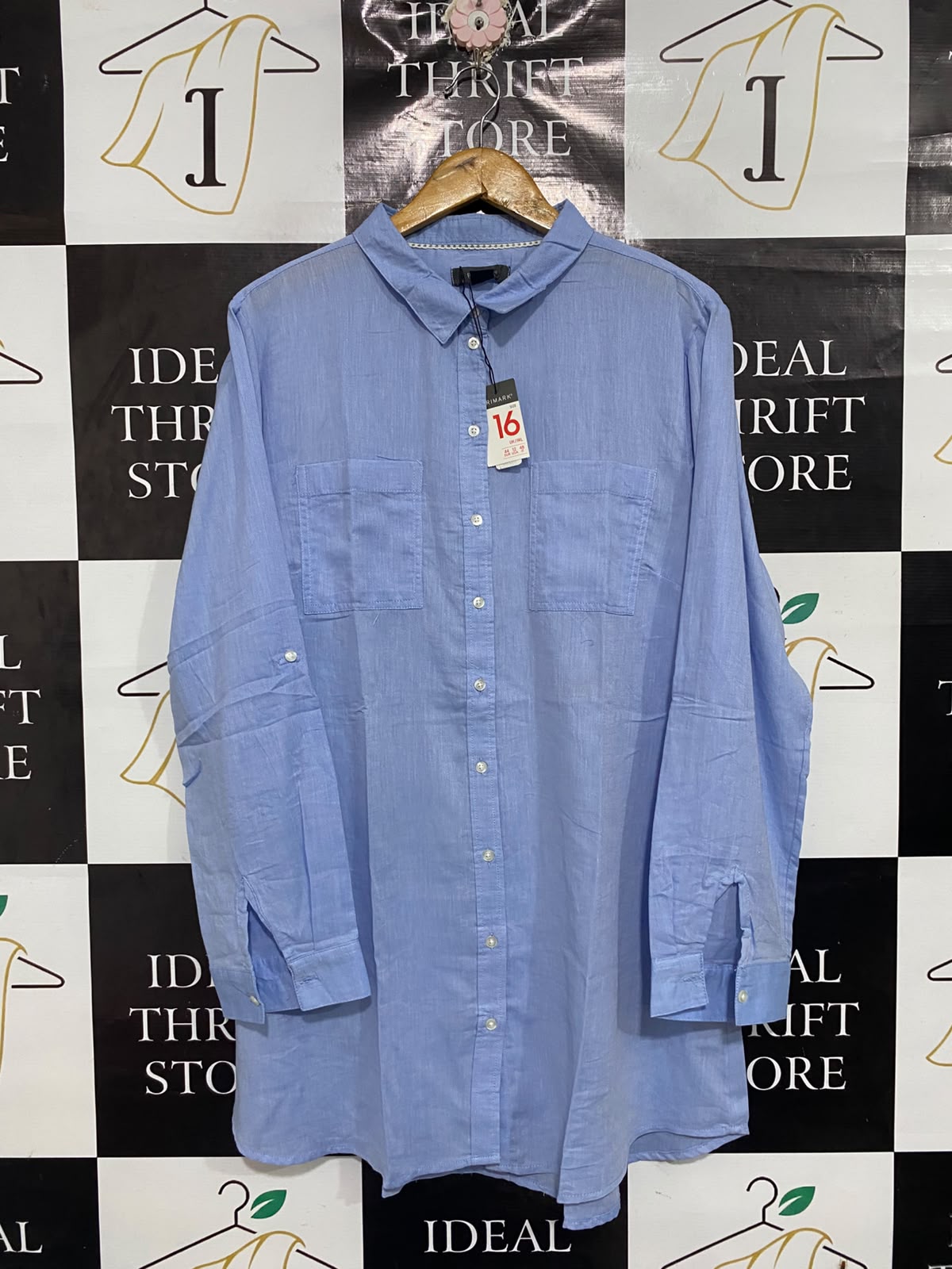 PRIMARK |L| BUST 22| A67| SKY BLUE LINEN-BLEND OVERSIZED BUTTON-DOWN SHIRT