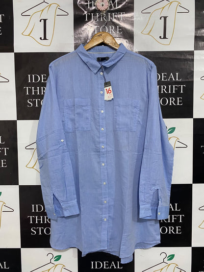 PRIMARK |L| BUST 22| A67| SKY BLUE LINEN-BLEND OVERSIZED BUTTON-DOWN SHIRT