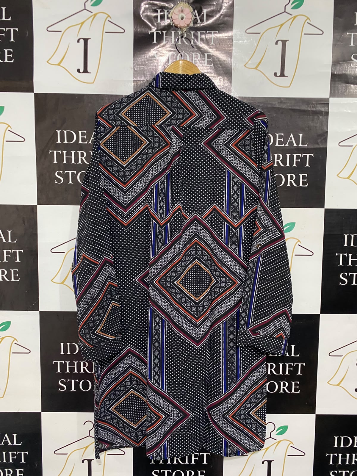 RED CHERIE |L| BUST 22| A67|  BLACK GEOMETRIC & POLKA DOT PRINT BUTTON-DOWN SHIRT DRESS