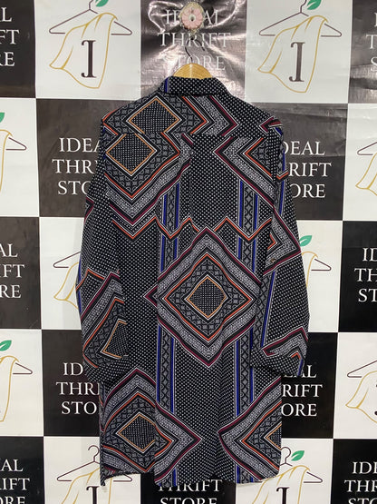 RED CHERIE |L| BUST 22| A67|  BLACK GEOMETRIC & POLKA DOT PRINT BUTTON-DOWN SHIRT DRESS