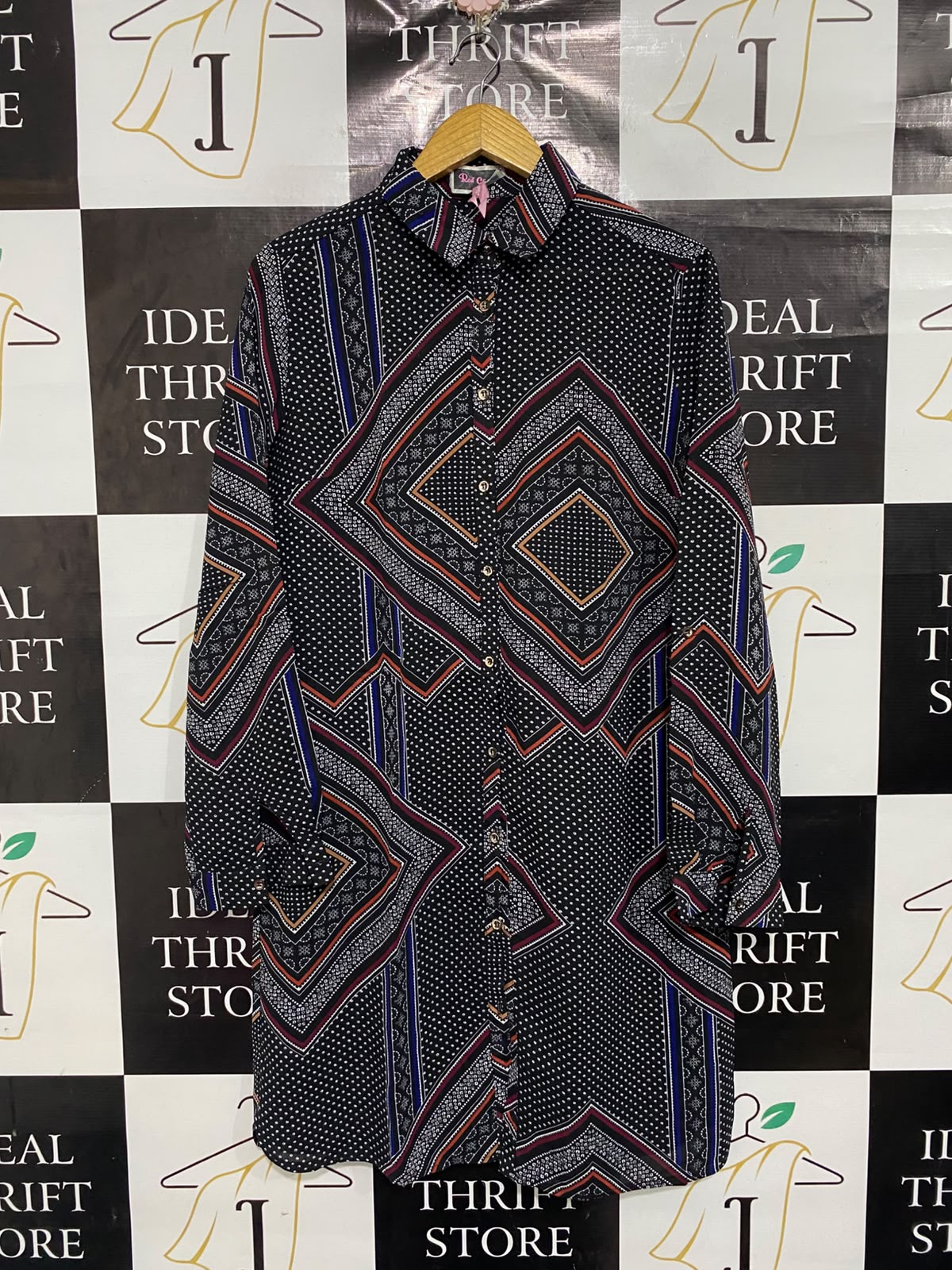 RED CHERIE |L| BUST 22| A67|  BLACK GEOMETRIC & POLKA DOT PRINT BUTTON-DOWN SHIRT DRESS