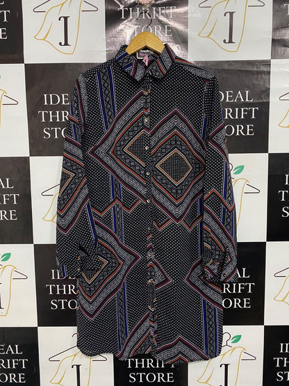 RED CHERIE |L| BUST 22| A67|  BLACK GEOMETRIC & POLKA DOT PRINT BUTTON-DOWN SHIRT DRESS