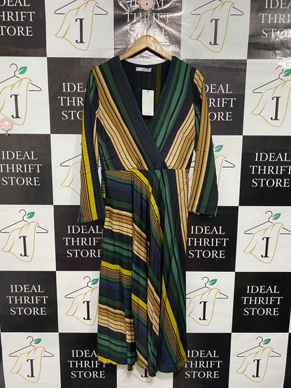 MANGO |M| BUST 19| A67|  STRIPED WRAP V-NECK MIDI DRESS