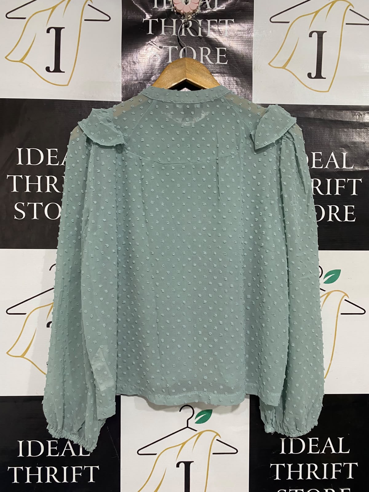 PRIMARK |M| BUST 20| A67|  MINT GREEN SWISS DOT RUFFLE FRONT BLOUSE