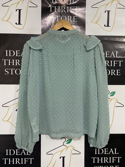 PRIMARK |M| BUST 20| A67|  MINT GREEN SWISS DOT RUFFLE FRONT BLOUSE
