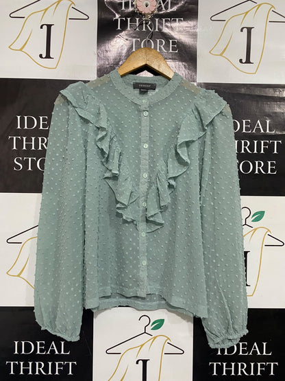 PRIMARK |M| BUST 20| A67|  MINT GREEN SWISS DOT RUFFLE FRONT BLOUSE
