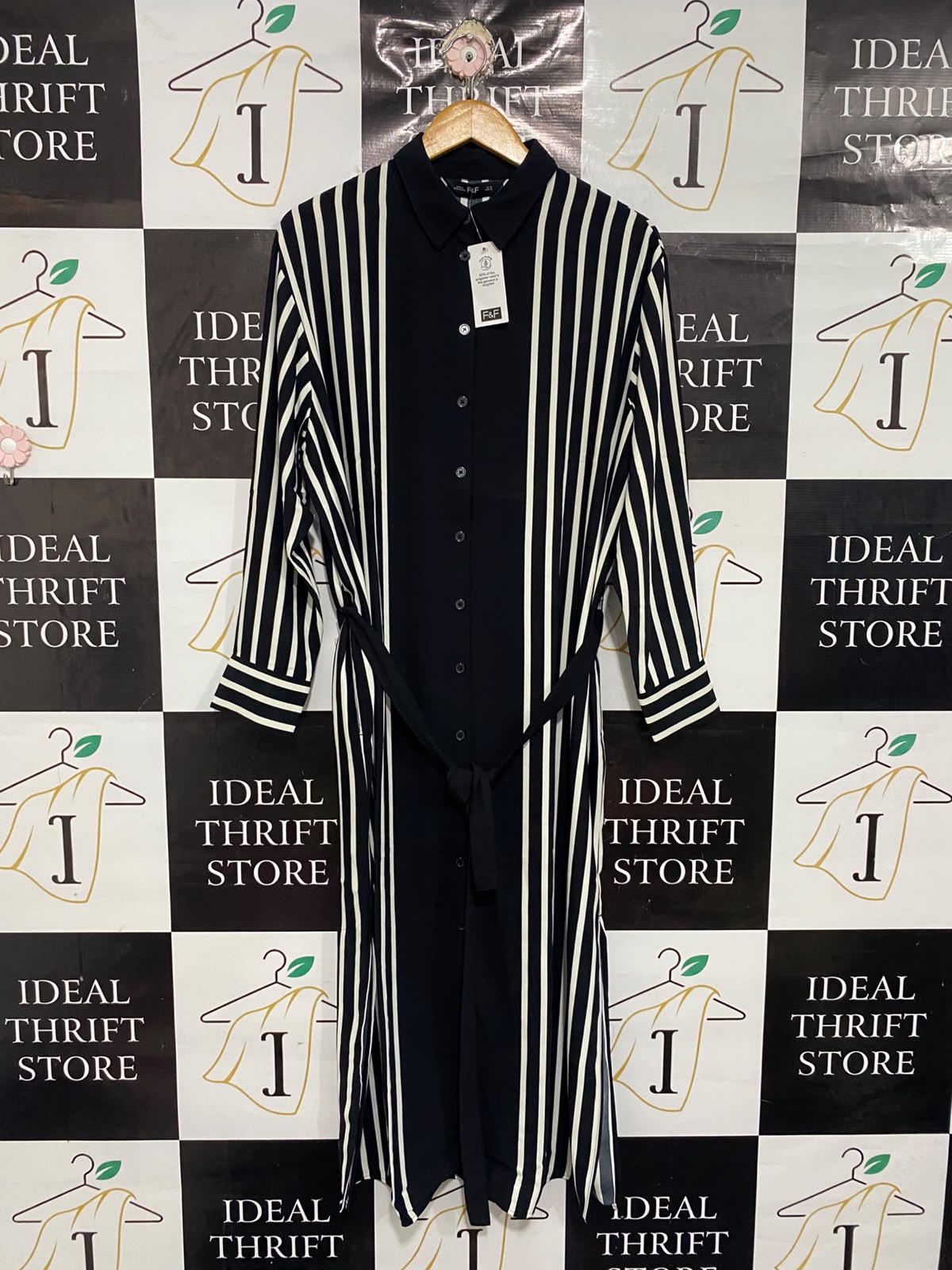 F&F |M| BUST 23| A67| BLACK & WHITE STRIPED BELTED SHIRT DRESS