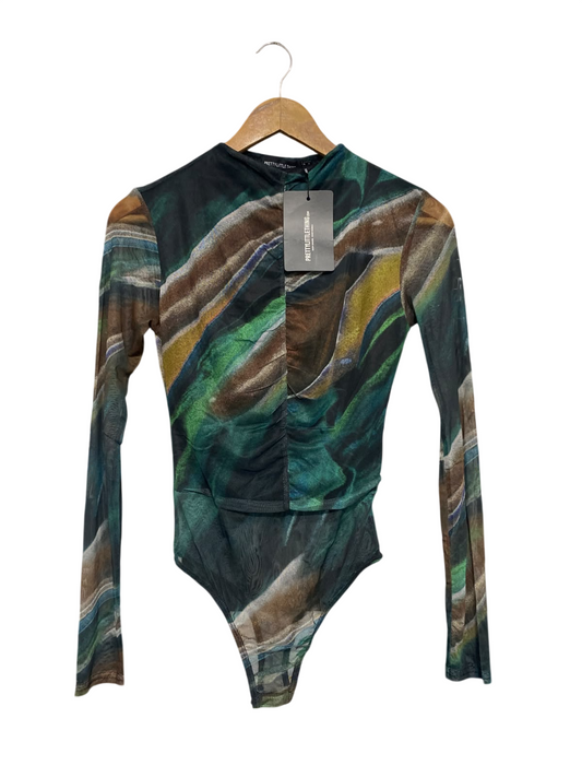 PRETTYLITTLETHING |S| BUST 15| A67|  GREEN ABSTRACT MARBLE MESH BODYSUIT