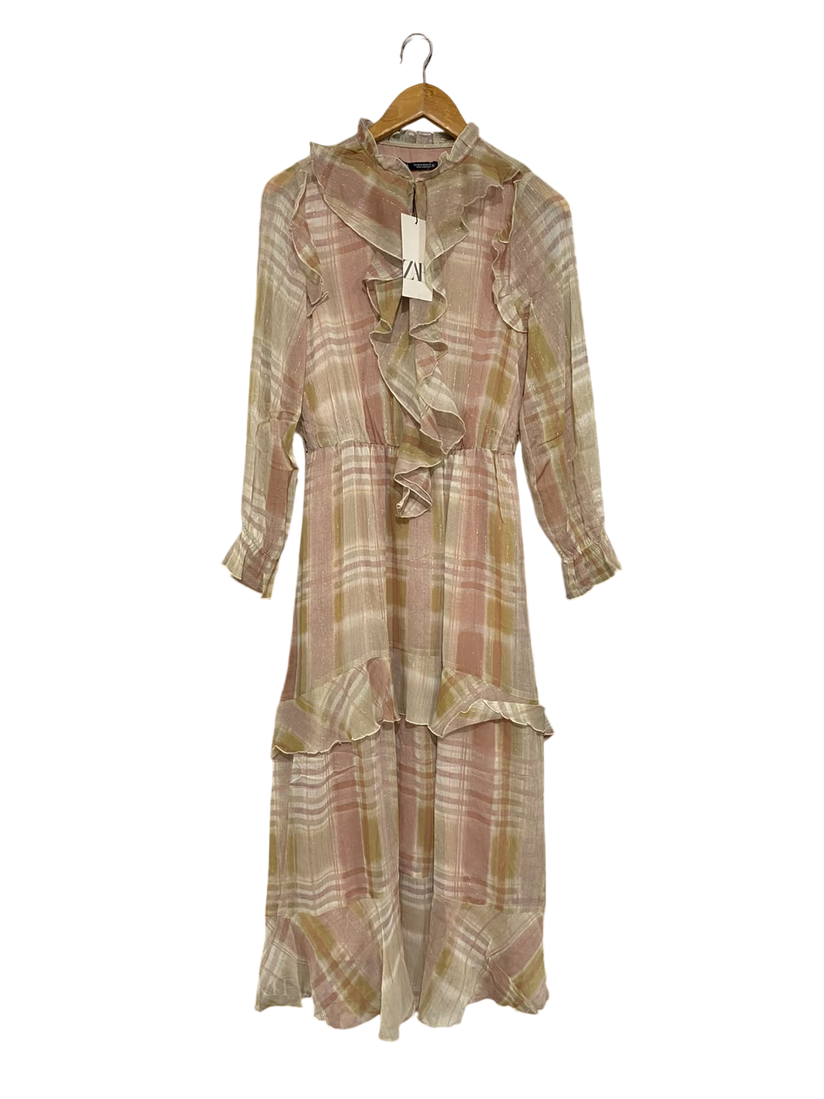 ZARA |XS| BUST 17| A67| MULTI-COLORED PLAID METALLIC RUFFLED MIDI DRESS