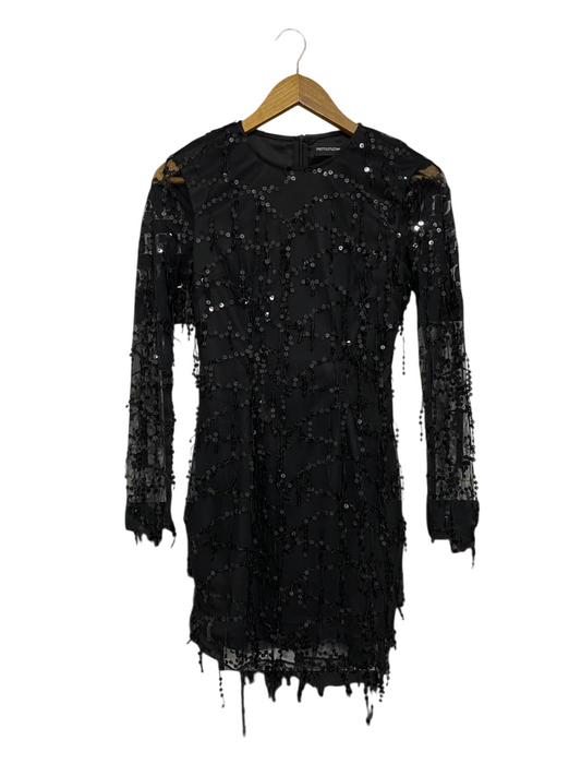 PRETTYLITTLETHING |S| BUST 15| A68| BLACK SEQUIN BEADED LONG-SLEEVE MINI DRESS