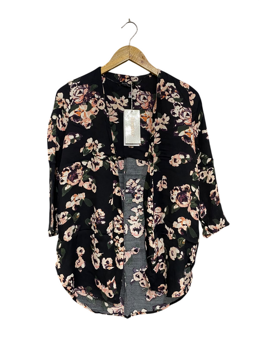 BERSHKA |S| BUST 19| A68|  BLACK & BLUSH FLORAL OPEN-FRONT CARDIGAN KIMONO