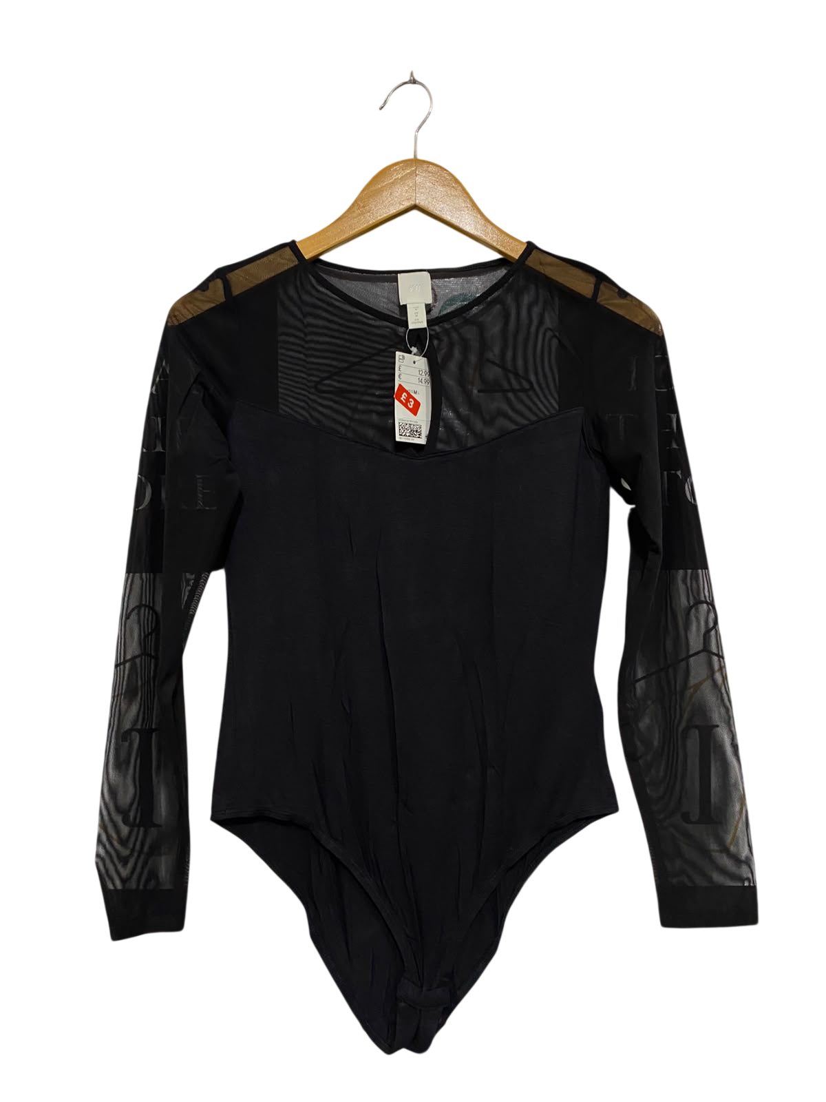 H&M |M| BUST 15| A68| BLACK MESH ACCENT LONG-SLEEVE BODYSUIT