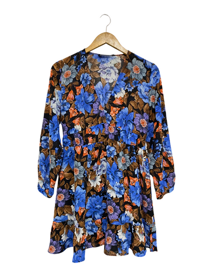ZARA |M| BUST 19| A68|  BLUE & BROWN FLORAL TIERED MINI DRESS