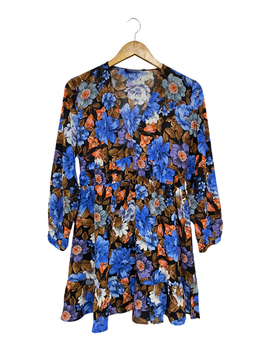ZARA |M| BUST 19| A68|  BLUE & BROWN FLORAL TIERED MINI DRESS
