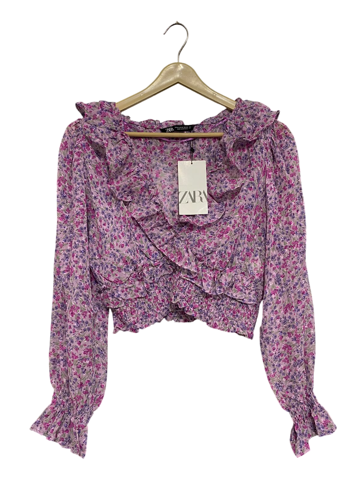ZARA |M| BUST 18| A68| PURPLE FLORAL RUFFLE CROPPED LONG-SLEEVE BLOUSE