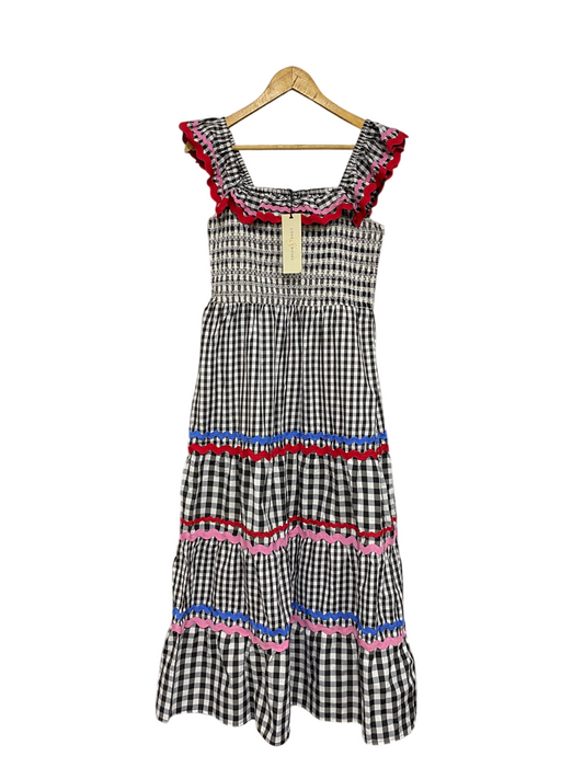 LOVE & ROSES |S| BUST 16| A68| BLACK & WHITE GINGHAM SCALLOPED TIERED MIDI DRESS