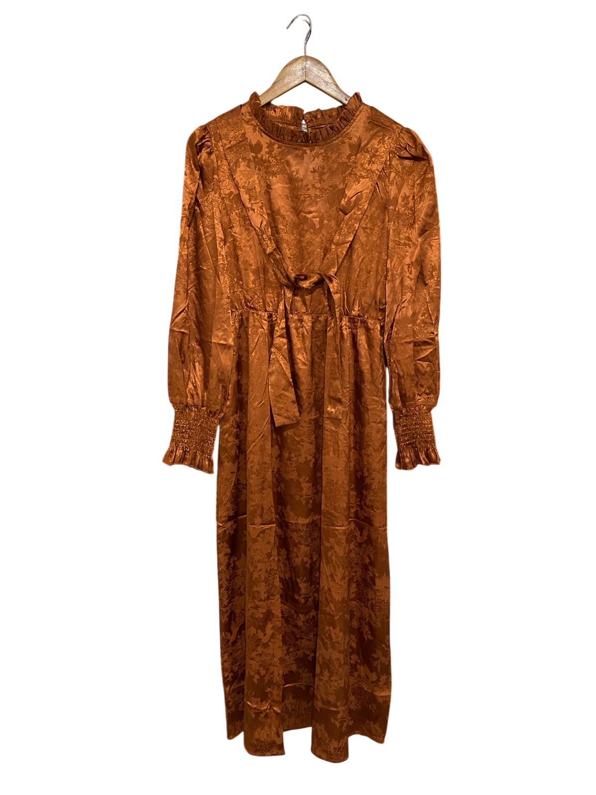 SHEIN |M| BUST 19| A68|  COPPER JACQUARD RUFFLE-COLLAR LONG-SLEEVE MIDI DRESS