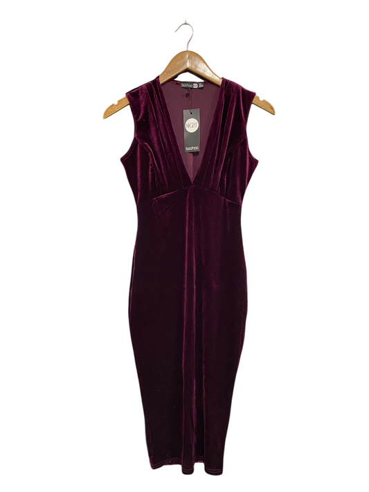 BOOHOO |S| BUST 15| A68|  BURGUNDY VELVET PLUNGE BODYCON MIDI DRESS