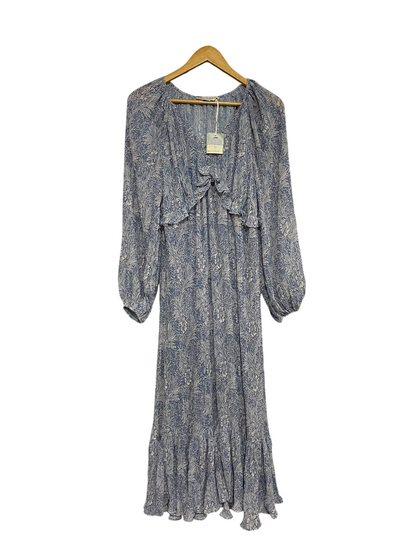 TU |M| BUST 19| A68| BLUE BOTANICAL PRINT RUFFLE-TRIM LONG-SLEEVE MIDI DRESS