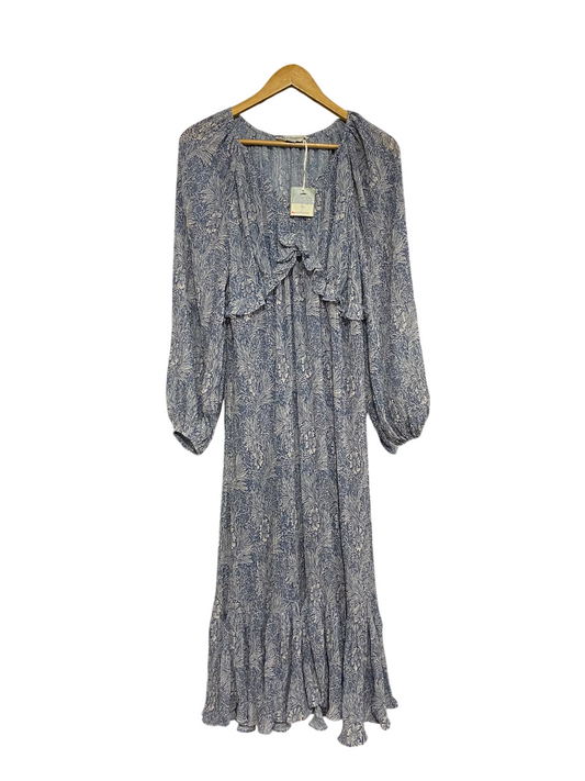 TU |M| BUST 19| A68| BLUE BOTANICAL PRINT RUFFLE-TRIM LONG-SLEEVE MIDI DRESS