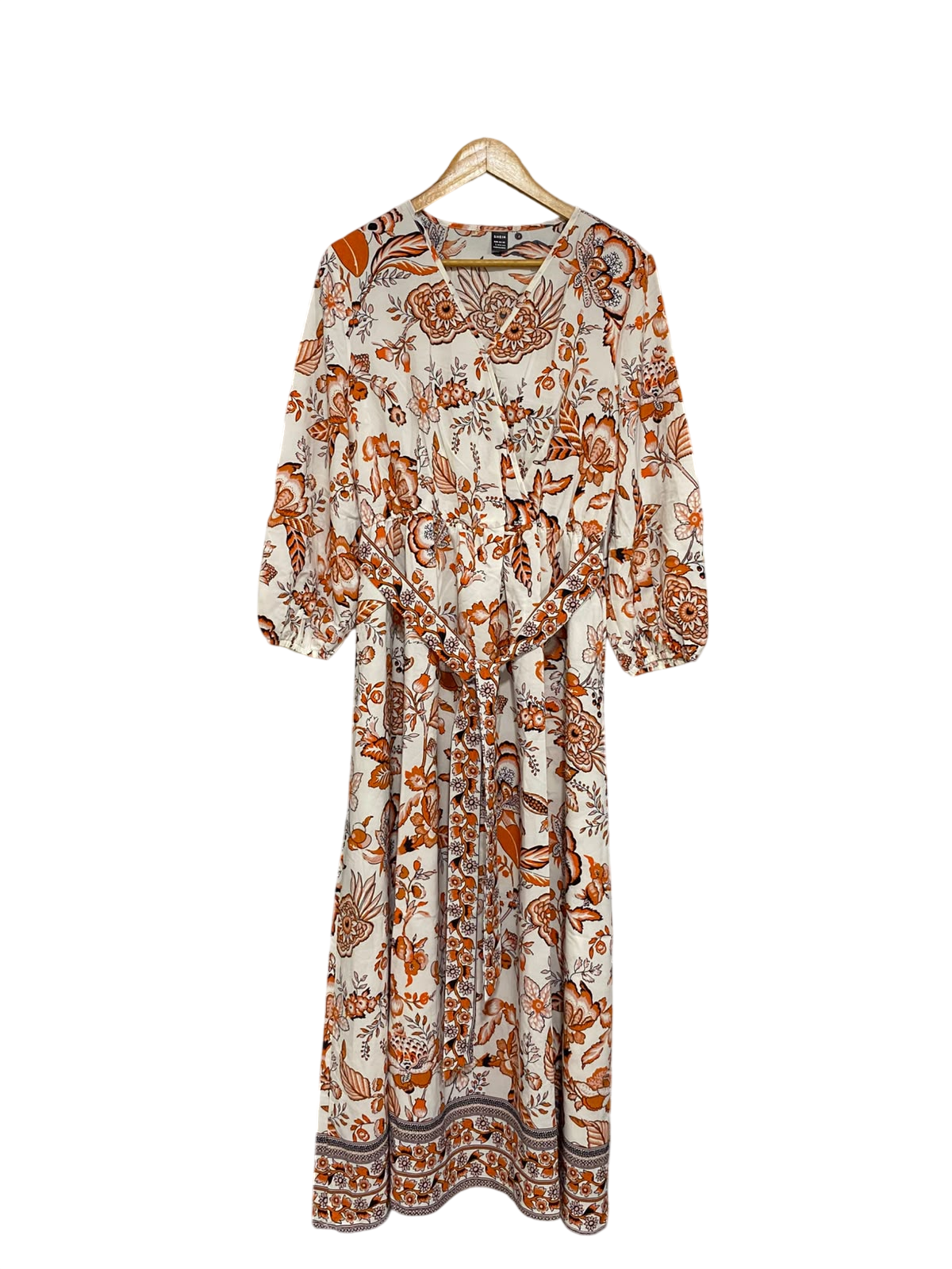 SHEIN |L| BUST 19| A68| WHITE & RUST ORANGE FLORAL WRAP MAXI DRESS