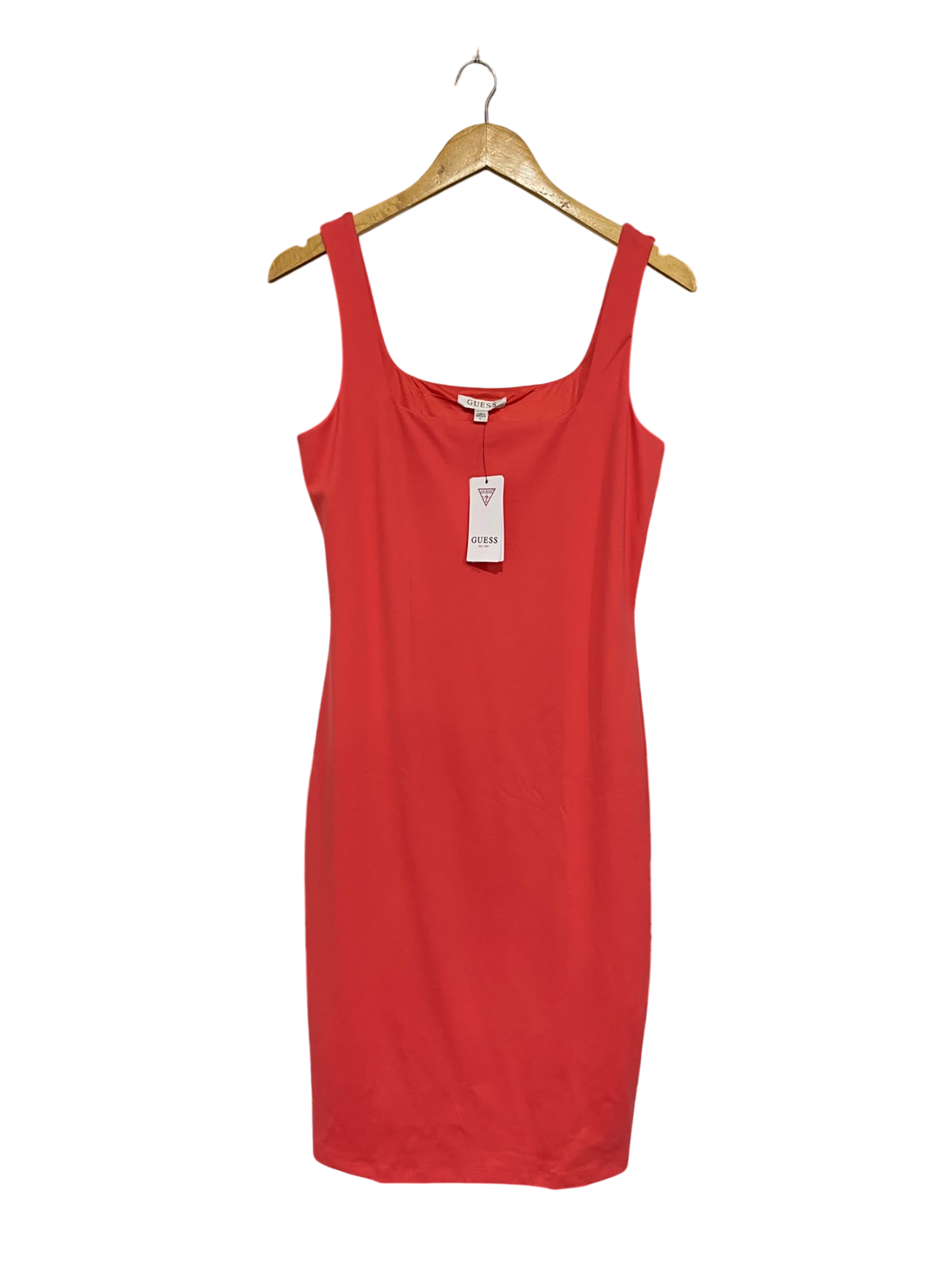 GUESS |L| BUST 17| A68| CORAL PINK SQUARE-NECK BODYCON MIDI DRESS