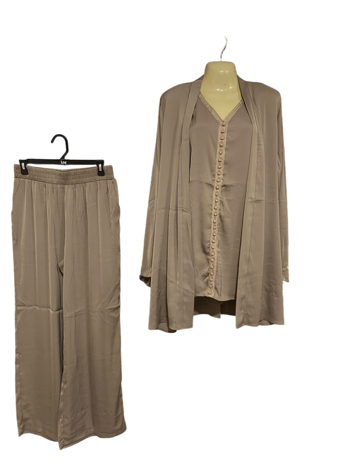ETALE DONENT |L/XL| A68|  TAUPE 3-PIECE SATIN CO-ORD SET & KIMONO CARDIGAN