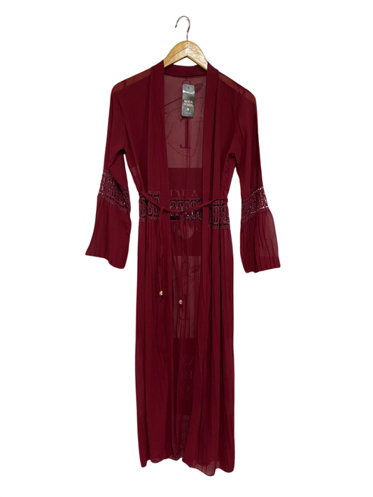 MODA ITALIA |S| BUST 16| A68|  BURGUNDY LACE-TRIM LONGLINE CHIFFON KIMONO CARDIGAN