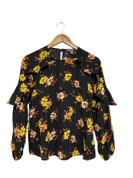PRIMARK |S| BUST 18| A68| BLACK FLORAL RUFFLE-SHOULDER LONG-SLEEVE BLOUSE